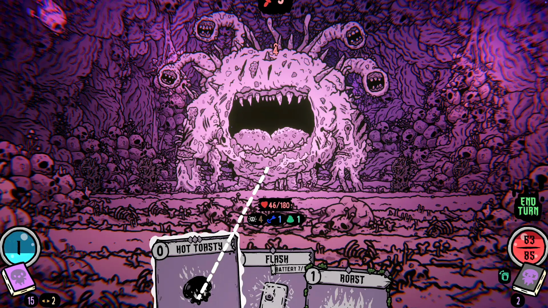 A Shroom and Gloom combat screen with a card being aimed at a large mushroom boss