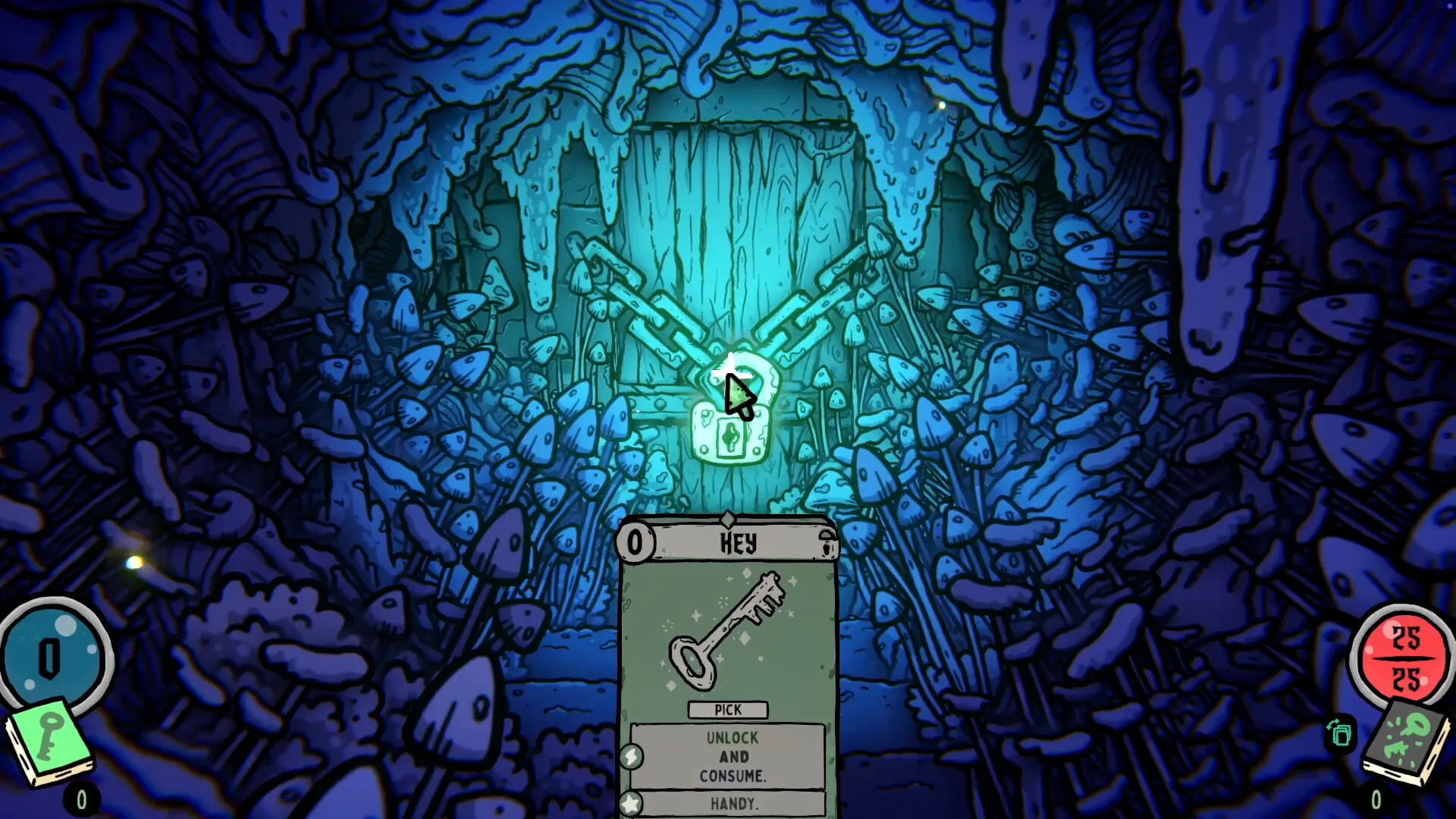 A Key exploration card being aimed at a chained door in Shroom and Gloom
