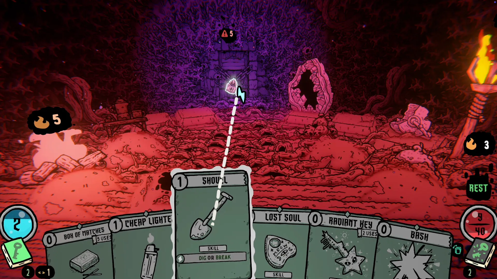 A red-lit exploration room with route targets, exploration cards and a Rest control